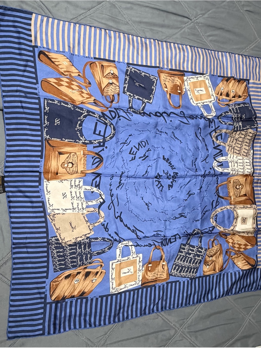 Fendi Blue Striped Silk Scarf with Tan Logo Tag - Picture 2 of 7
